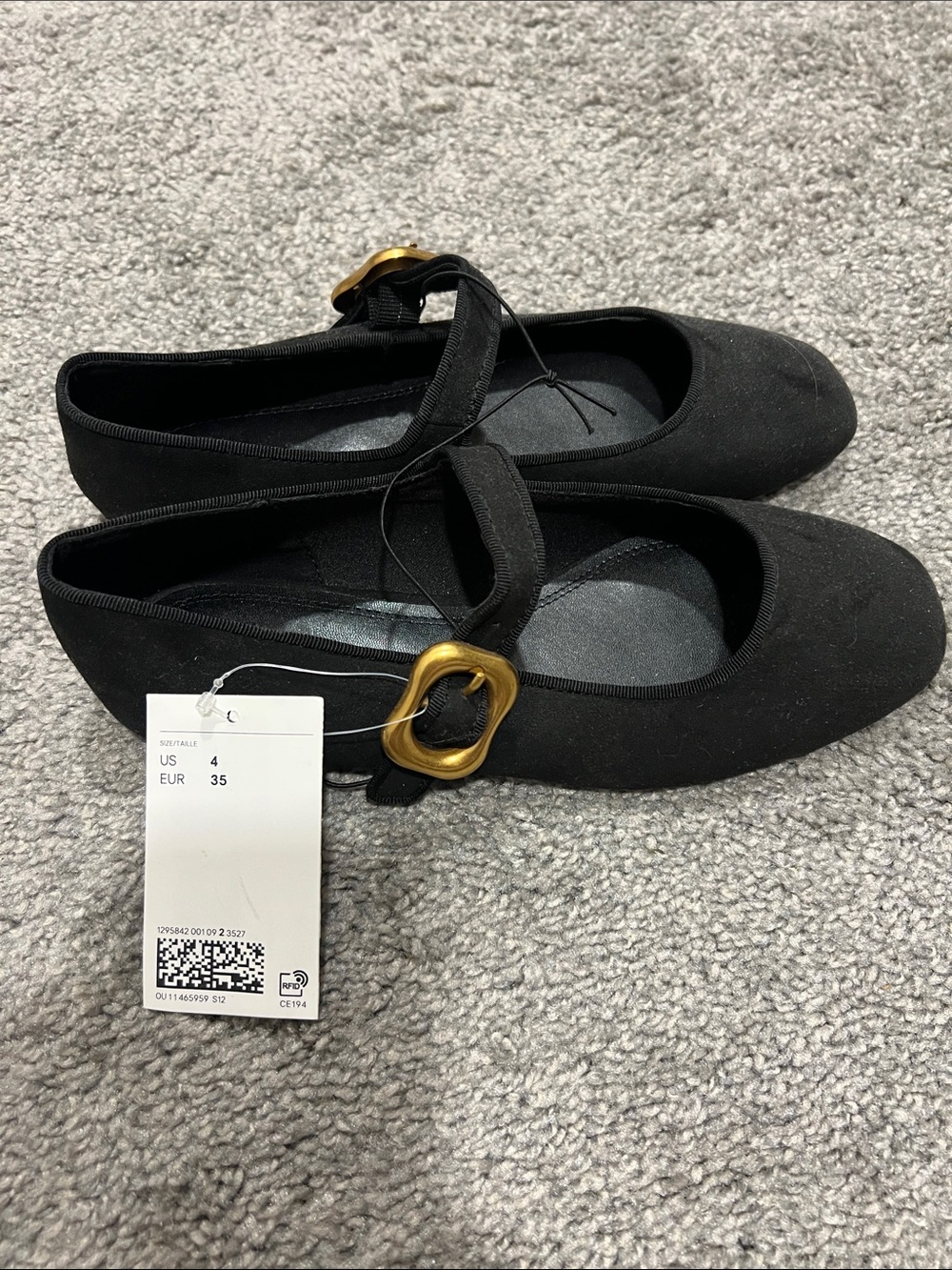 H&M Black Ballet Flats with Gold Flower Buckle